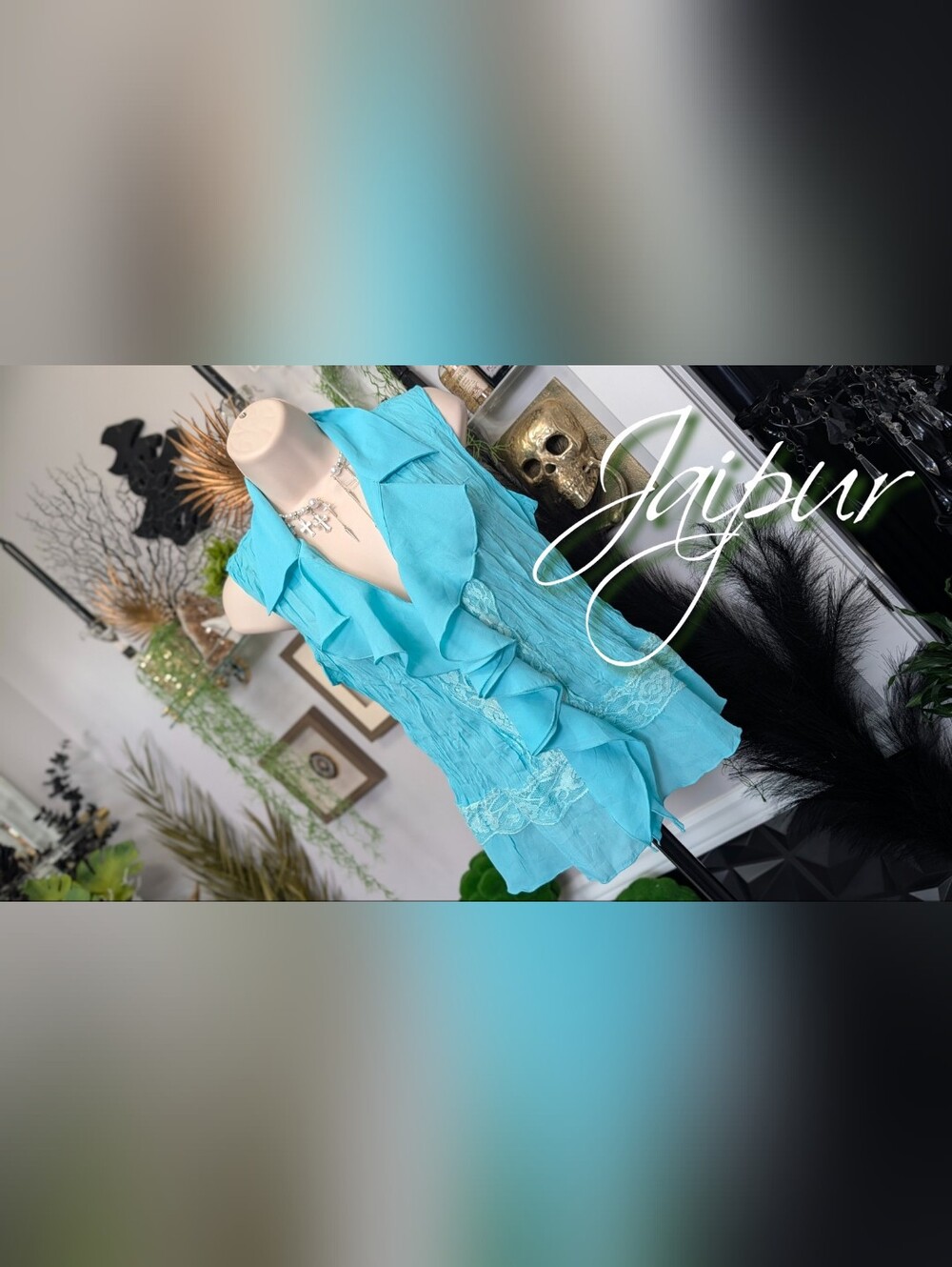 Jaipur Blue Smocked Ruffle Blouse Tank Top SM